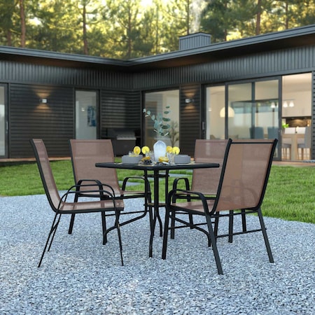 Flash Furniture 5PC Patio Set-31.5SQ Glass Table, 4 Brown Chairs TLH-073A2303C-BN-GG